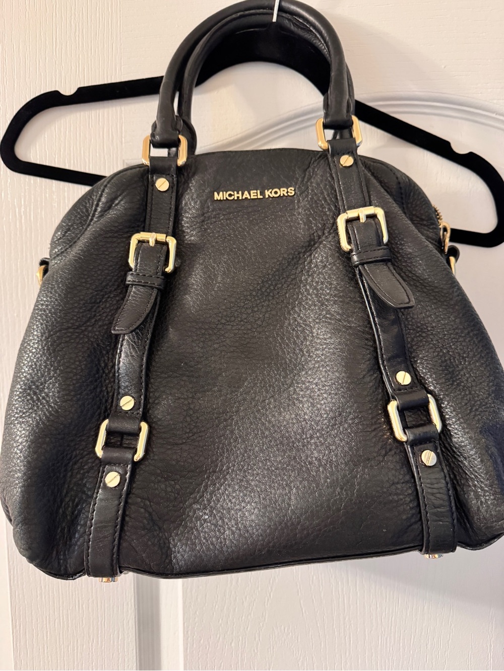 Michael Kors Black Pebble Leather Satchel with Gold Hardware